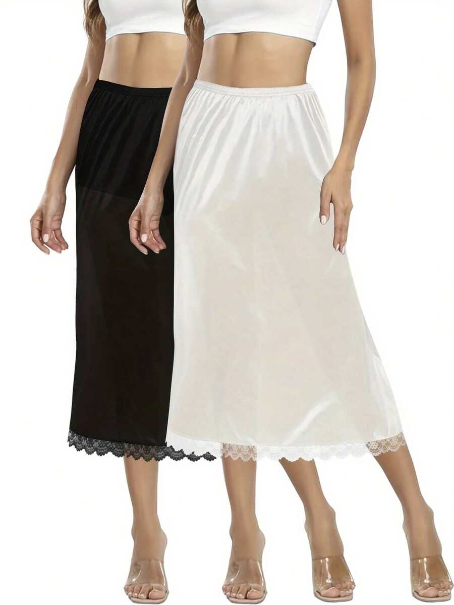 1 pièce/2 pièces Jupon mi-long unicolore pour femmes avec bordure en dentelle délicate, taille élastique, sous-vêtements pour dames et jupon moulant [Tissu modal de haute qualité]