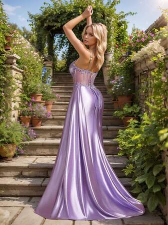 Elegant Split Thigh Formal Dress Zipper  Contrast Mesh  Evening Prom Dress