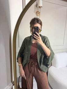 Cocoon Cape Kimono Cardigan Coat Knit Poncho Zig - 軍綠色 - 查看 3