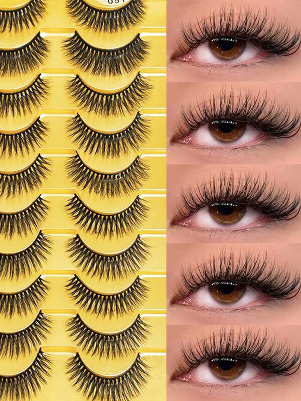 10 Pairs Korean Style One-Piece False Eyelashes, Curled And Thick Lashes, Invisible Band Lasting Adhesion Non-Curling, Reusable False Eyelash Set, Natural Thick Crossing D-Curl Black Band Lashes For Stage, Daily Wear