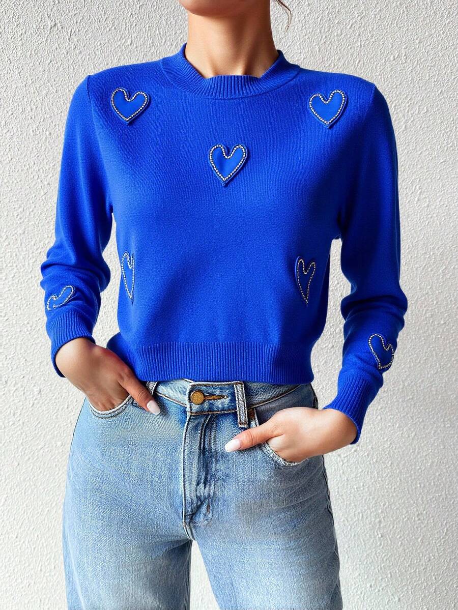 Suéter Tejido Punto Corazones Piedras Brillantes Cuello Redondo Manga Larga Mujer Romantic Aesthetic Cómodo Casual Elegante Femenino Juvenil Moderno Versátil Soft Temporada Otoño Invierno Cute Adorable - Azul - Ver 1