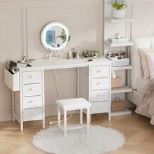 Escritorio Blanco Con Espejo Y Luz, Juego De Tocador De Maquillaje Con Silla, Almacenamiento, Espejo Iluminado, 8 Cajones De Tela Grandes Y Toma De Corriente, Tocadores De Tocador Para Dormitorio De - Ginger - View 2