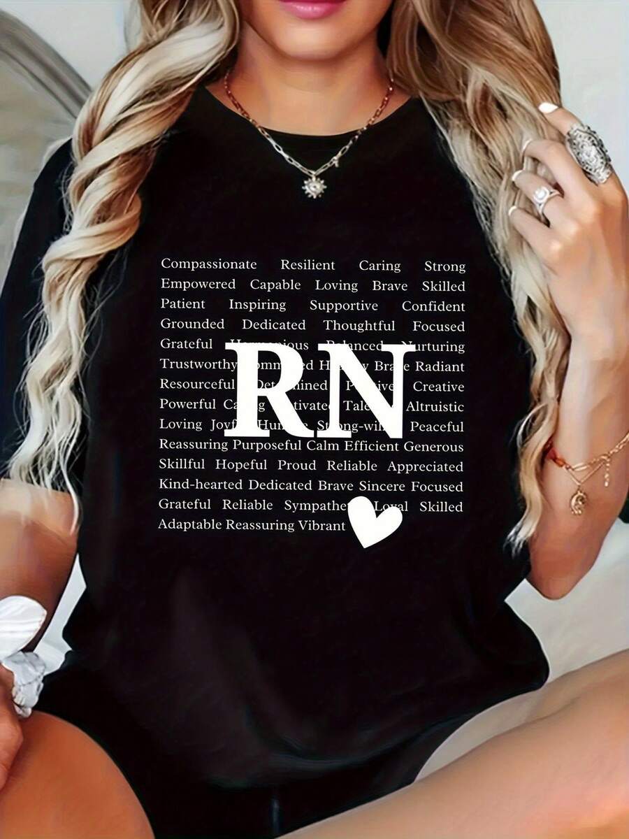 Plus Size FNP RN Nurse Appreciation Women T Shirt Casual Crew Neck Short Sleeve Breathable Cotton Machine Washable White With Inspirational Nurse Traits Print Women Size L-3XL 4XL 5XL - 黑色 - 查看 1