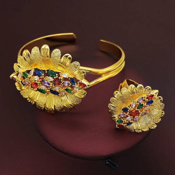 Ensemble de bijoux de luxe multicolore en zircone pour femmes. Bracelets ouverts et bagues en placage or 18 carats élégants pour femmes
