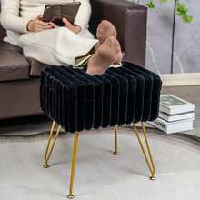 Faux Fur Black Vanity Stool Chair With Storage Ottoman,Vanity Chair For Makeup Room,Vanity Stools For Bedroom,Footrest With Metal Legs And As A Coffee Table(Black) - Black - View 9