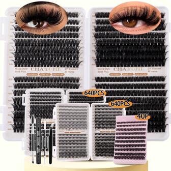641/800/1pc D Curl Individual Lash Clusters Wide Stem 10-18mm DIY Lash Clusters Extra Thick&Fluffy&Natural Look Reusable Individual Eyelash Extension Kit With Makeup Tools Bond And Seal&Lash Tweezers&2 Lash Brushes For Self Use At Home Or On-The-Go For Daily Life&Wedding&Dating&Party&Travel&Spring Day