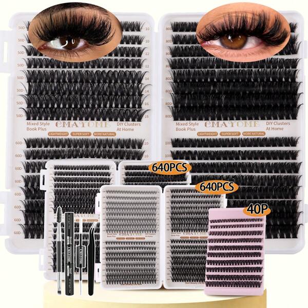641/800/1 pieza Extensiones de pestañas individuales de rizos D, tallo ancho de 10-18mm - Kit de extensiones de pestañas individuales extra gruesas, esponjosas y de aspecto natural reutilizables, con herramientas de maquillaje, pegamento y sellador, pinzas para pestañas y 2 cepillos para pestañas para uso personal en casa, eventos, citas, fiestas, viajes o días primaverales