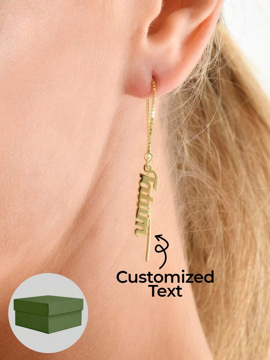 1pc Dainty Name Earrings , Custom Name Jewelry , Gold Earrings , Personalised Earrings , Contains Exquisite Gift Boxes As Valentine's Day, Holiday Gifts, Mother's Day Gifts, And Love Gifts. - Gold - View 1