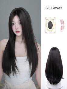 SHUDUO 1 额头形状蕾丝 4*1，额头蕾丝长直发，中心分假发，黑棕色假发，半编织日常自然，时尚逼真假发（不含配件） - Dark Brown - 查看 6