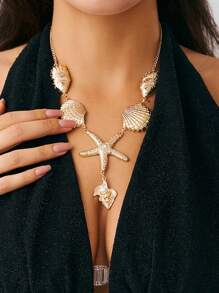 1pc Boho Style Metal Ocean Theme Seashell, Starfish Pendant Y-Necklace, Women's Daily And Beach Vacation Decoration, Party Jewelry