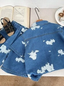 Kleinkind Jungen Outfit mit Spritzer Farbdruck Jeans, Neuer Sommer Kurzarm T-Shirt und Shorts Set, Modische Jacke und Hose - Blau - Übersicht 2