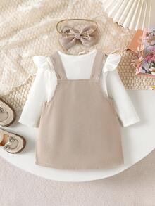 2pcs Baby Girl Comfortable Long Sleeve Bodysuit & Embroidered Pinafore Dress With Headband Set, Lightweight Spring/Autumn - Beige - View 3