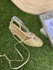 Happy Calzados Sandalias planas trenzadas de verano para mujer, diseño con cordones y punta redonda, adecuadas para viajes, vacaciones, playa y actividades al aire libre. - Dorado - Ver 2