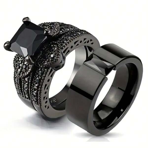 Anillos de pareja de acero inoxidable con circonita negra, de moda europea y americana, anillos a juego con hoja de circonita cúbica, conjunto de anillos chapados en oro negro, joyas personalizadas hipoalergénicas