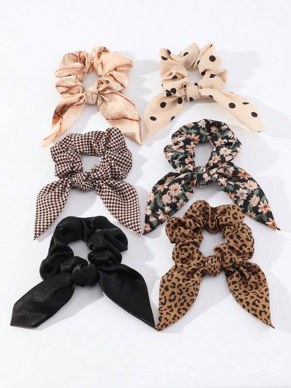 6pcs/Set Women Leopard Print Scrunchies Bow Hair Ties Set