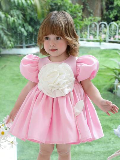 Baby Girls 3D Floral Puff Sleeve Party Princess Dress, Suitable For Birthday Party, Flower Girl, Wedding, Formal Occasions