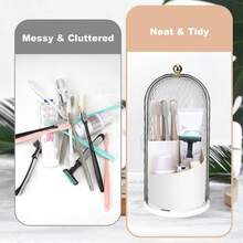 Toothbrush Holders With Sliding Lid, Rotating 3 Slots Bathroom Organizer Countertop, Tooth Brush Toothpaste Holder Bathroom Counter Stand Caddy For Vanity Makeup Brushes Holder (White) - 白色 - 查看 6