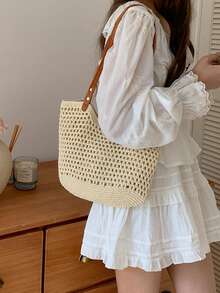 大容量手工编织草编包女士包，2025新款沙滩度假单肩托特包，通勤适用