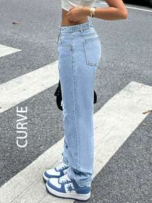 Quần jeans cỡ lớn kiểu Y2k, ống côn, dáng ôm, rách gối, chất liệu denim kiểu mẹ, phong cách thường ngày, mùa xuân. - Rửa nhẹ - Xem 6