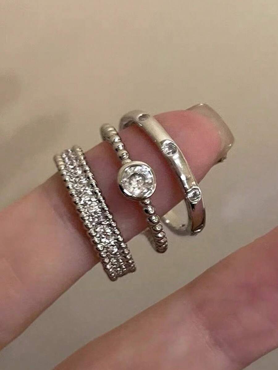 Three Fashionable, Simple And Cool Style Copper Zirconia Women's Daily Wear Rings