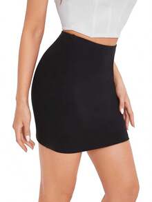 Women's Basic High Waisted Pencil Bodycon Short Skirt - Solid Black - View 3