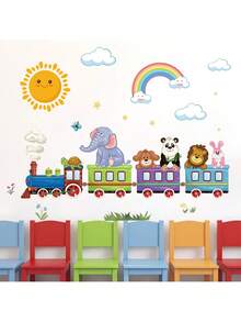呜呜呜，太好玩了！动物火车墙贴 - 卡通火车头和动物园朋友可移除贴纸，适用于游戏室、托儿所，易于粘贴和撕除，是儿童房的理想装饰。 - 彩色 - 查看 8