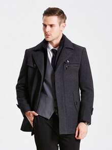 Men's Single-Breasted Woolen Overcoat, Removable Collar, Solid Color Minimalist Commuter Jacket For Autumn/Winter