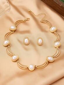 3-teiliges Schmuckset für Frauen: Perlenverzierte wellenförmige Halskette & Ohrringe, im Vintage Boho-Stil, elegant & modisch als Geschenk, für Partys und den täglichen Gebrauch