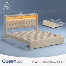 GREENSTELL Bed Frame With Drawer & LED Lights, Upholstered Platform Bed Frame With 2-Tier Storage Headborad & Charging Station, Sturdy Wooden Slats Support, Noise-Free, No Box Spring Needed - 查看 3