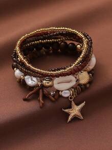 Conjunto de 2 piezas de pulsera con elementos del océano, incluyendo coral, estrella de mar, concha y talla grande elementos, joyería de moda para vacaciones de verano, viajes y festividades