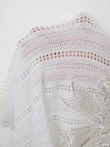 胸前亮片蝴蝶结装饰，不对称圆领，全镂空设计——初秋街头风针织衫 - 白色 - 查看 8