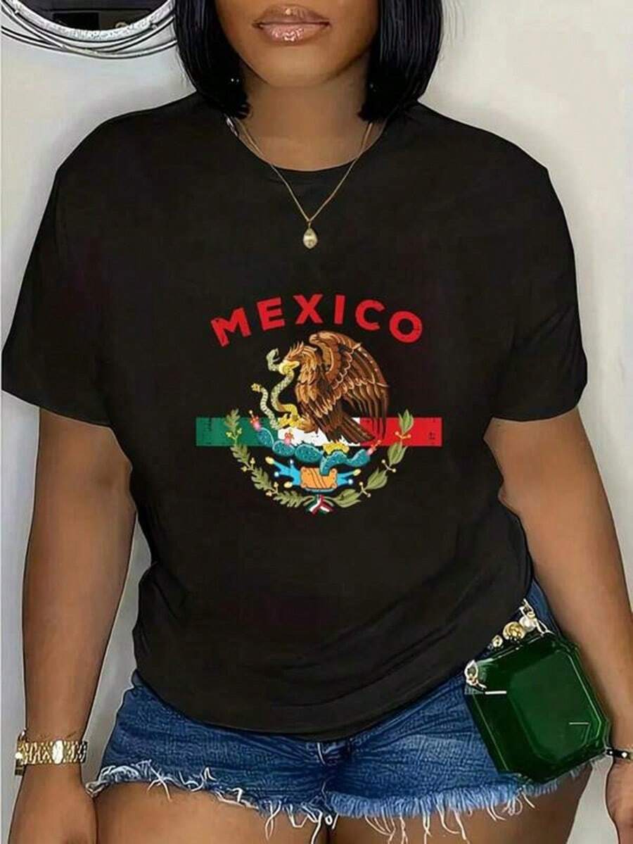 Mexican Independence Day Mexico Flag Eagle Men Women T-Shirt Short Sleeve T-Shirt Women's Men's Grap Graphic Tees Cute Summer Women Tops Puppy Kepp Black - màu đen - Xem 1