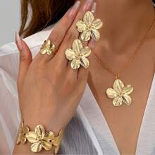 2pcs/5pcs Flower Necklace, Earrings, Bracelet, Ring Metal 5-Petal Flower Jewelry Set, Women Elegant Sweet Accessories