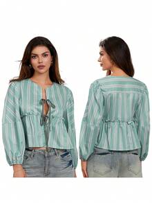Women's Babydoll Tops Loose Fitting Striped Collared Front Tie-Up Long Sleeve Ruffled Blouse For Summer - màu xanh lá - Xem 2