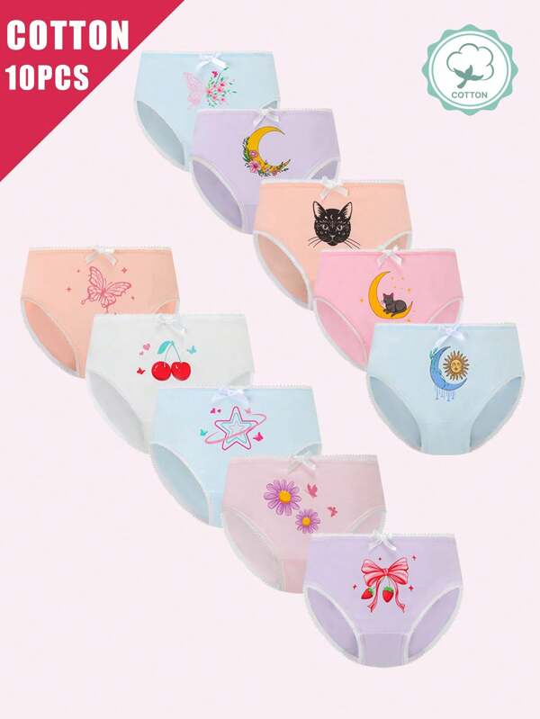 10pcs Pack Teen Girls Cotton Printed Triangle Panties, Soft & Comfortable