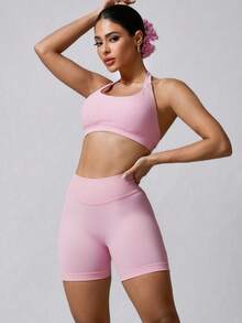 NcmRyu Women's Seamless Elastic Racerback Pilates Running Training Fitness Casual Sports Bra And Shorts Set - 粉色 - 查看 6