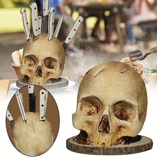 Resin Skull Knife Holder - 15cm / 5.9" - Indoor/Outdoor Use - No Electricity Required - Suitable For Home Or Office Decor