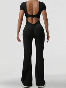 Yefecy 女式健身喇叭连体裤，高弹力运动短袖连体裤，性感露背健身紧身臀部瑜伽连体裤 V 背塑身衣