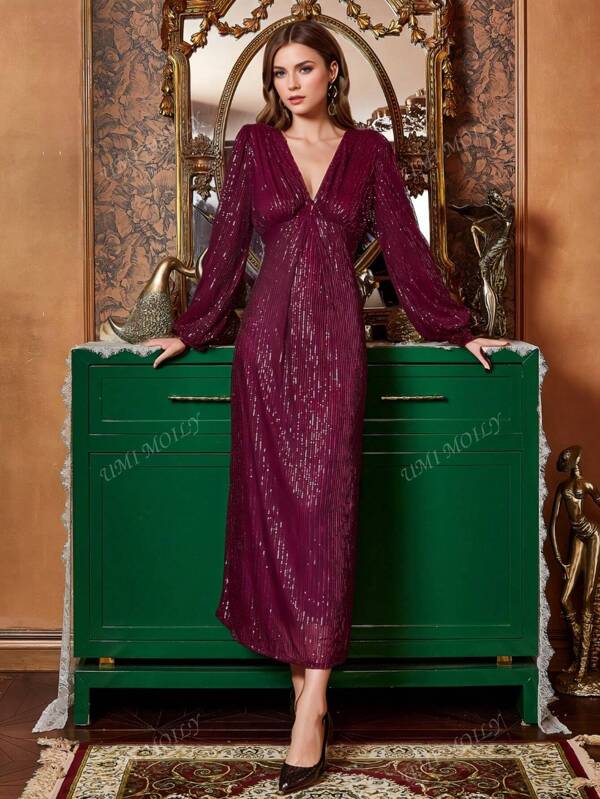 Red V-Neck Sequin Elegant Bodycon Long Dress, Formal Cocktail Party Gown With Slit, Sexy High-End Glamour Bridal Wedding Dress For Women, Autumn/Winter