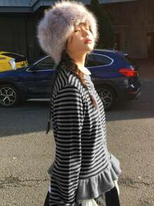 秋冬复古条纹V领宽松休闲套头衫 - 灰色 - 查看 4