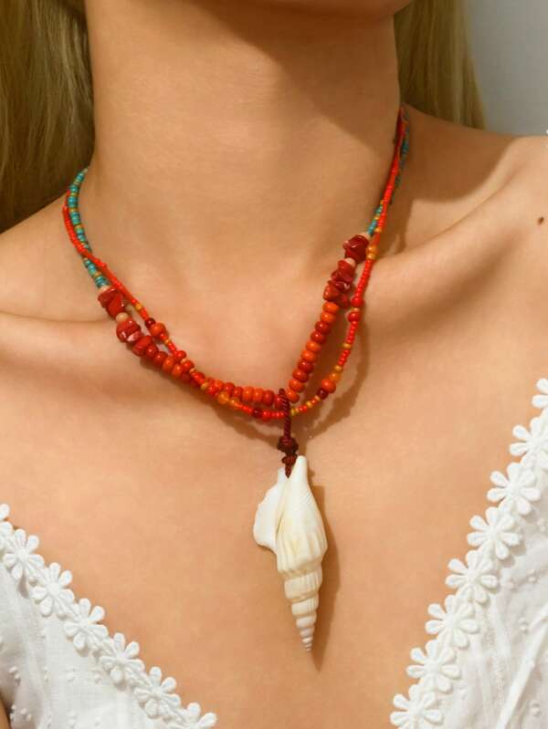 1pc European & American Fashion Natural Red Coral Bead & Shell Pendant Necklace, Suitable For Daily, Beach, Travel Wear For Women
