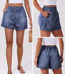 ANRABESS Women's Shorts Summer Baggy High Waisted Flowy Wide Leg Buttons Pleated Casual Jean Shorts 2025 Fashion Skorts - Washed Blue - View 11