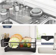 Escurridor De Platos De Acero Inoxidable Para Encimera De Cocina, Escurridor De Platos De Gran Capacidad Con Soporte Para Cubiertos, Organizador De Cocina Para Platos, Cucharas Y Tenedores, Color - Dark Grey - View 6