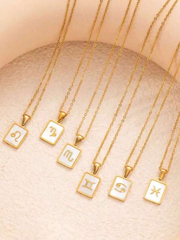 1pc Stainless Steel Vacuum Plated Gold 12 Zodiac Sign Square Pendant Necklace For Women, Vintage Bohemian Elegant Fashion Choker Necklace For Daily, Casual, Party, Vacation Wear