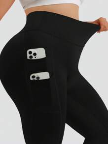 Plus Size Casual Sports Yoga Black Leggings With Four Side Pockets, No Awkward Design, And Double-Layered Tummy Control Waistband, Fold Over Leggings, Spring, Summer, Autumn, And Winter