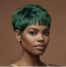 Peluca de pelo negro corto sintético, peluca de corte Pixie para flequillo, peluca corta Fak para mujer, peluca de de pelo corto KHQW - Verde - Ver 2
