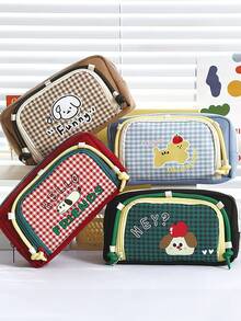 1pc Cute Cartoon Dog Pencil Bag Pen Case, Retro Plaid Pattern Large Capacity Storage Pouch For Stationery Student Back To School - Multicolor - View 2