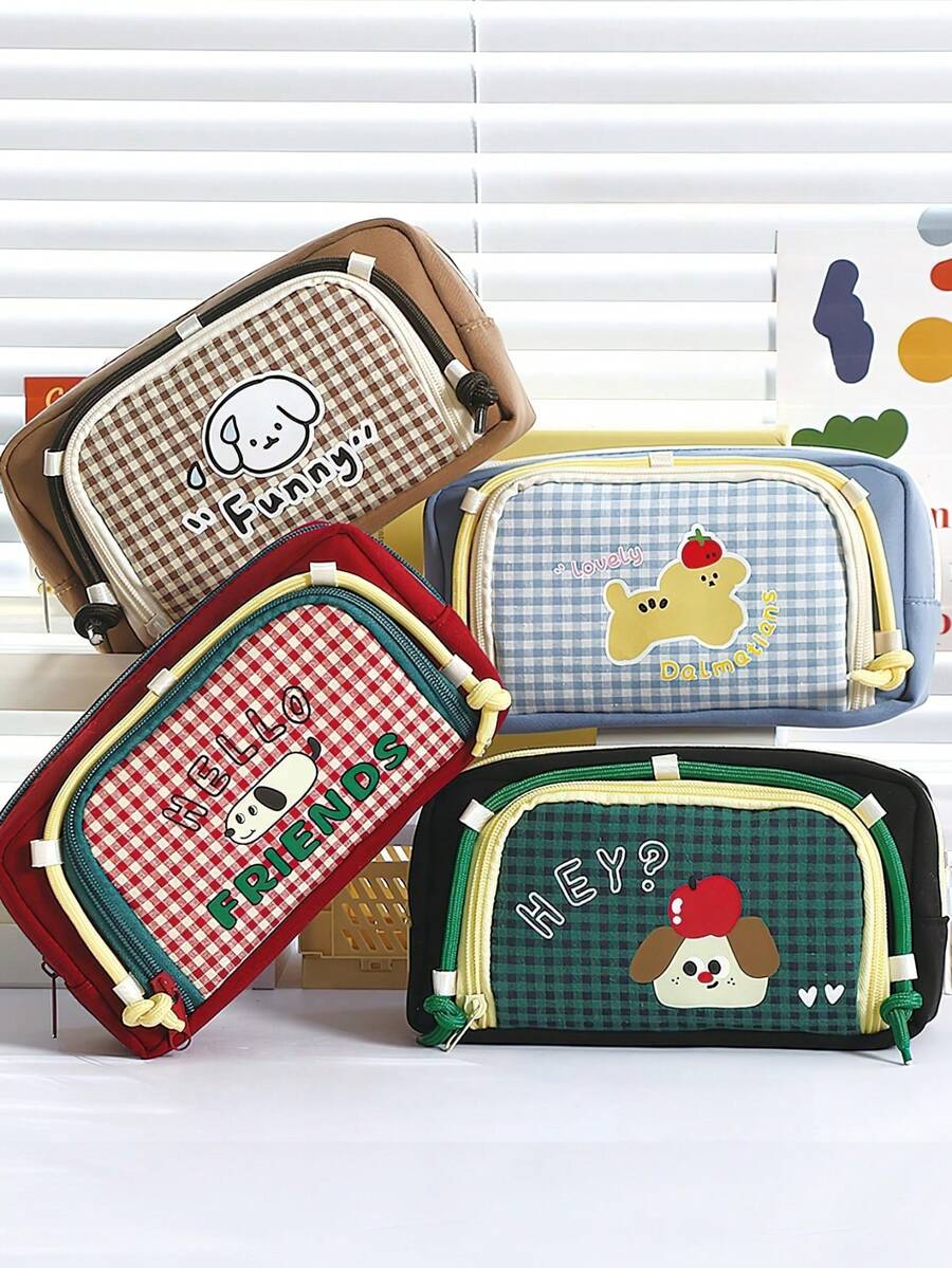 1pc Cute Cartoon Dog Pencil Bag Pen Case, Retro Plaid Pattern Large Capacity Storage Pouch For Stationery Student Back To School