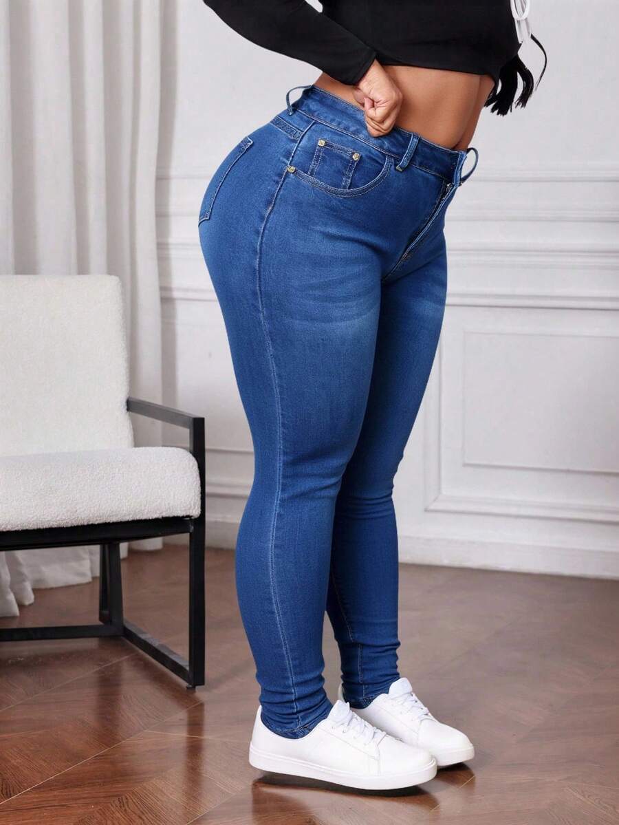 Talla grande pantalones vaqueros ajustados azules, estilo sexy y cómodo para looks diarios