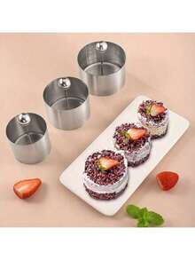 Stainless Steel Cake Ring Set, With Push Rod, 3 Sizes Available, Rice Ball Sushi Molding Mold, Cake Mold Ring, Stainless Steel Mousse Cake Mold Ring, Tart Ring, Rice Ball Mold, Purple Rice Taro Cheese Brick Mold, Baking Tools, Kitchen Small Tools, Kitchen Accessories, Dish Arrangement And Decoration Tools, Household Kitchen Supplies, Used For Tuna Tartare And Dessert Cakes And Food Display Rings - Silver - View 3